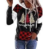 Merry Christmas Buffalo Plaid Tree Striped Hoodie Women Christmas Tree Graphic Printed Sweatshirt Xmas Pullover Shirts