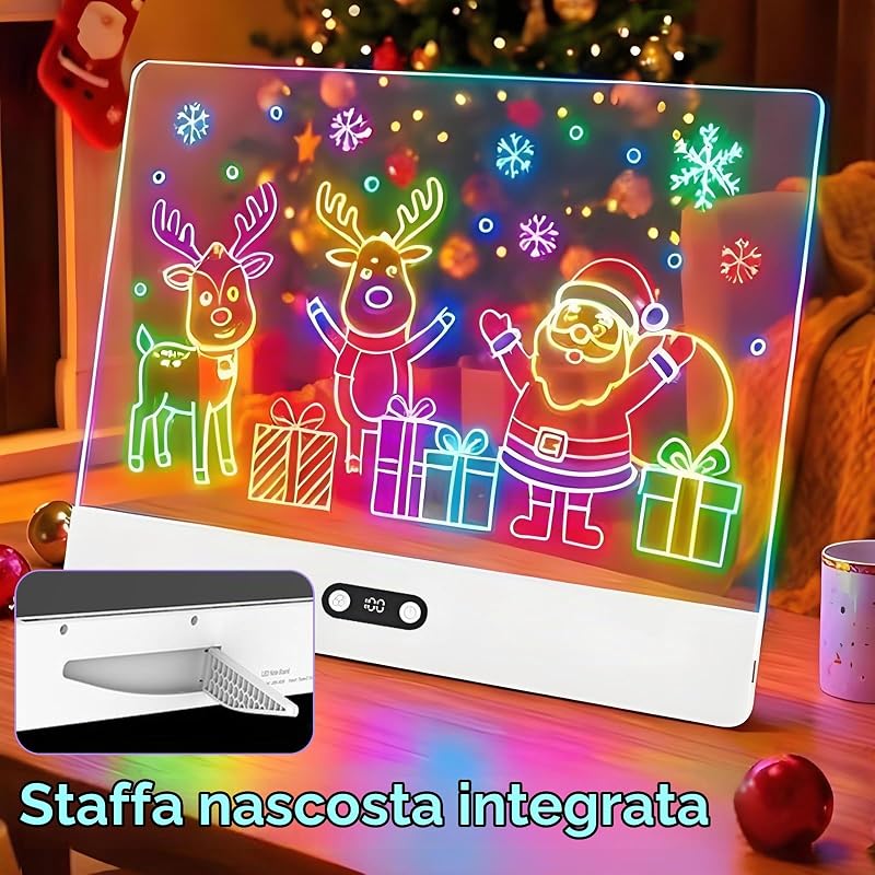 Tavola da Disegno a LED,35x26 cm Tavoletta Grafica Bambini Ricaricabile,8 Colori,3 Modalità,Lavagna Luminosa per Disegnare,Tavola Arte Neon Cancellabile per Appunti,Scarabocchiare-Bianco — foto 6 di 8