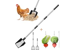Chtoocy 4 in 1 Stretchable Chicken Poop Scooper Chicken Coop Accessories for Chicken Coop Sifting Shovel Litter Scooper 39" Long Handle Metal + Vegetable Fruit Hanging Feeder