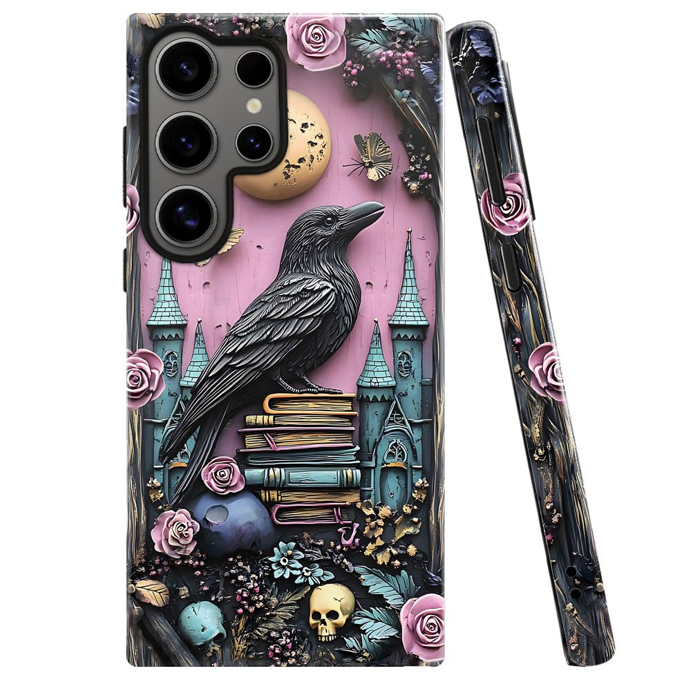 TnXee Case for Samsung Galaxy S23 Ultra,Skull Bookshelf Floral Butterfly Phone Case Drop Resistant Glossy 2 in 1 Solid Dual-Layer Cover for Girl Women