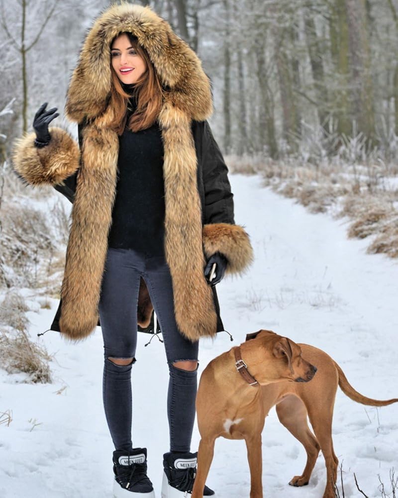 Aofur Womens Hooded Faux Fur Lined Warm Coats Parkas Anoraks Outwear Winter Long Jackets: Clothing
