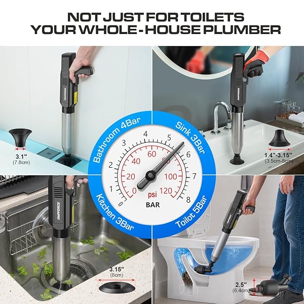 AMPFORCE ELECTRIC TOILET PLUNGER FOR BATHROOM, HIGH-PRESSURE AIR PLUNGER, HEAVY-DUTY CLOG REMOVER FOR TOILETS, TOILET DRAIN UNCLOGGER (INK BLACK)