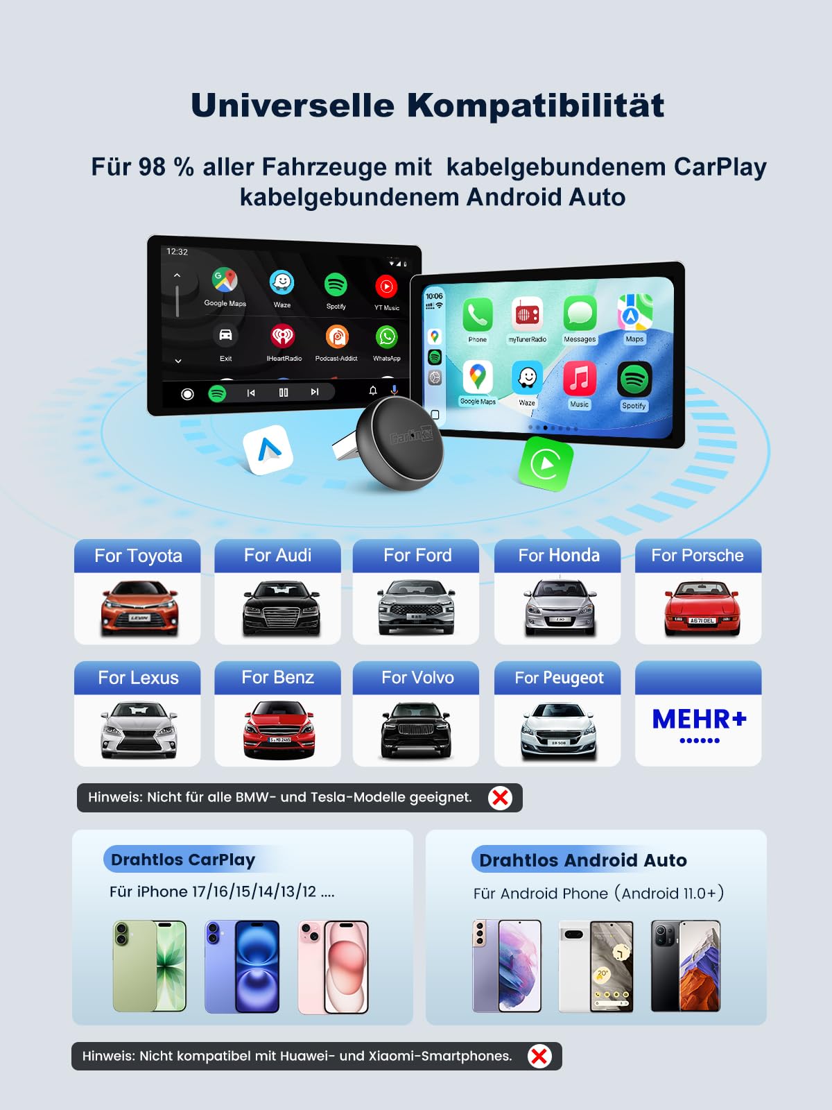 Carlinkit Mini Ultra Wireless CarPlay & Android Auto Adapter, Konvertieren Sie werkseitig kabelgebunden auf Wireless, USB-A/USB-C Schnelle Verbindung für iOS 10+ & Android 11+, Plug & Play Car Play 4