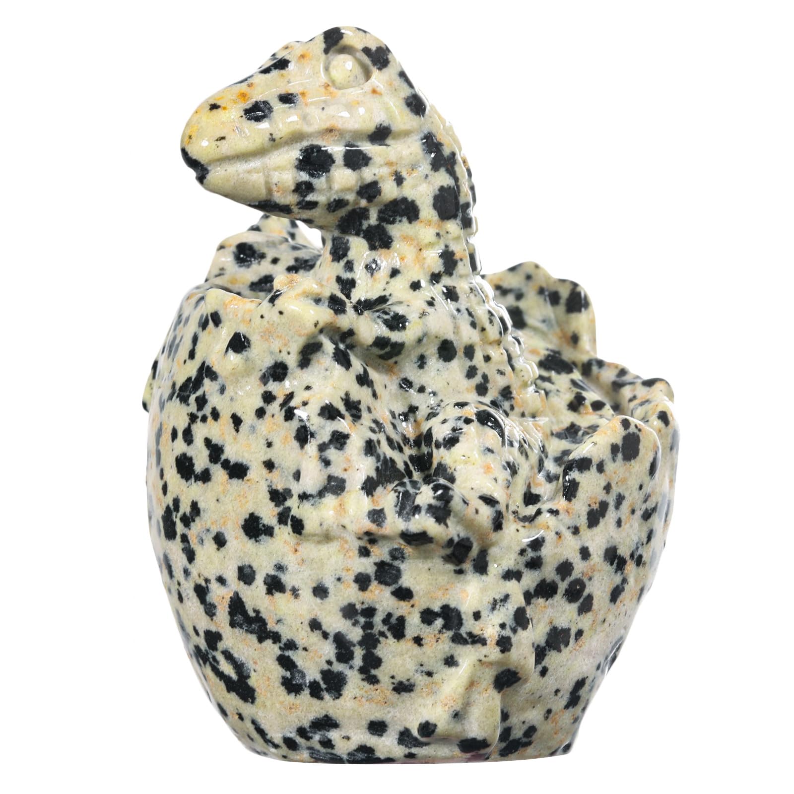 mookaitedecor Dalmation Jasper Crystal Baby Dinosaur Ornament Collectible Figurine, Carved Semi Precious Gemstone Animal Gift Cute Room Decor, Stone Dinosaur Statue Easter Good Luck Table Decoration