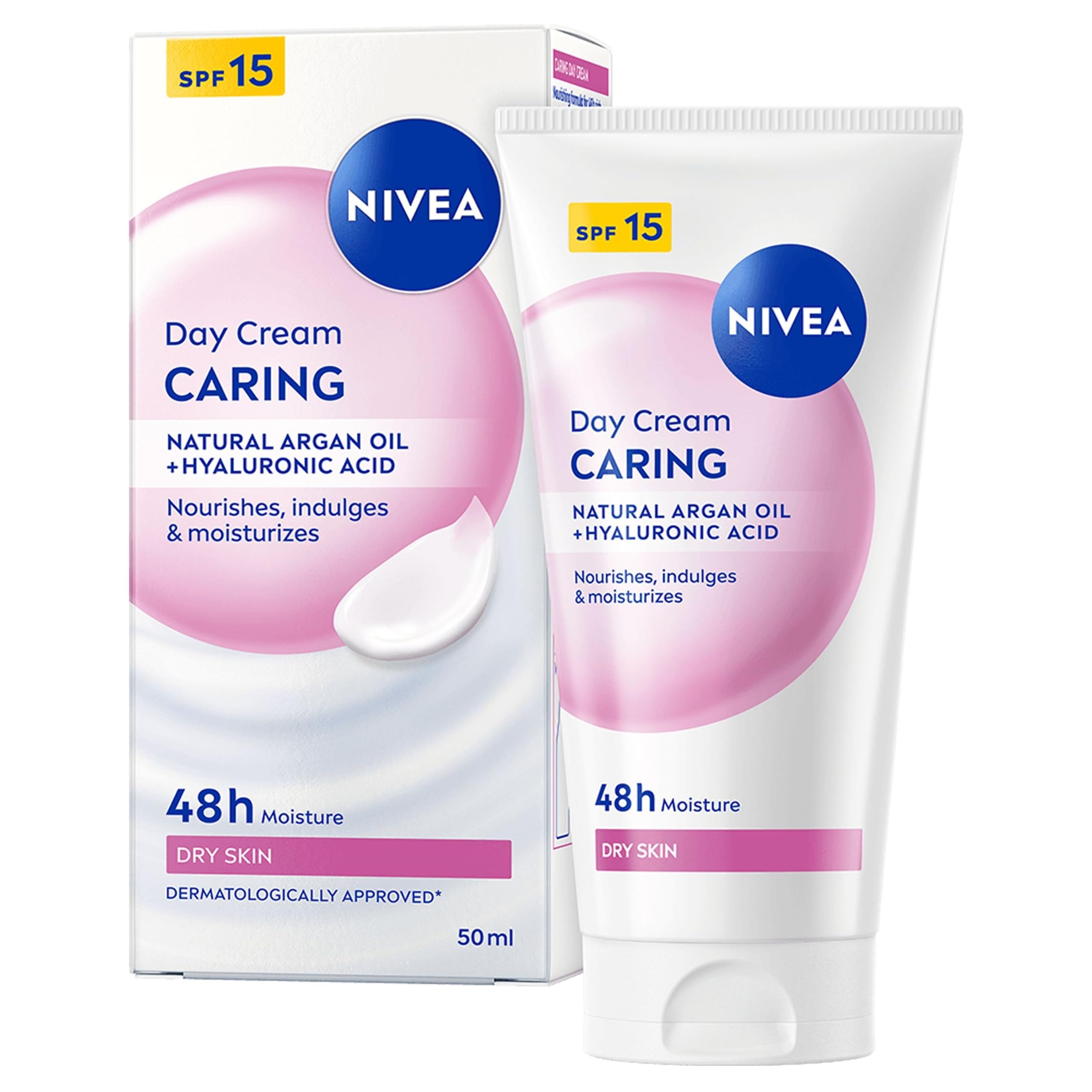 NIVEA Caring Day Face Cream SPF 15 (4 x 50ml), Nourishing Moisturiser with SPF 15 and Hyaluronic Acid, 48H Hydration Face Moisturiser for Dry Skin