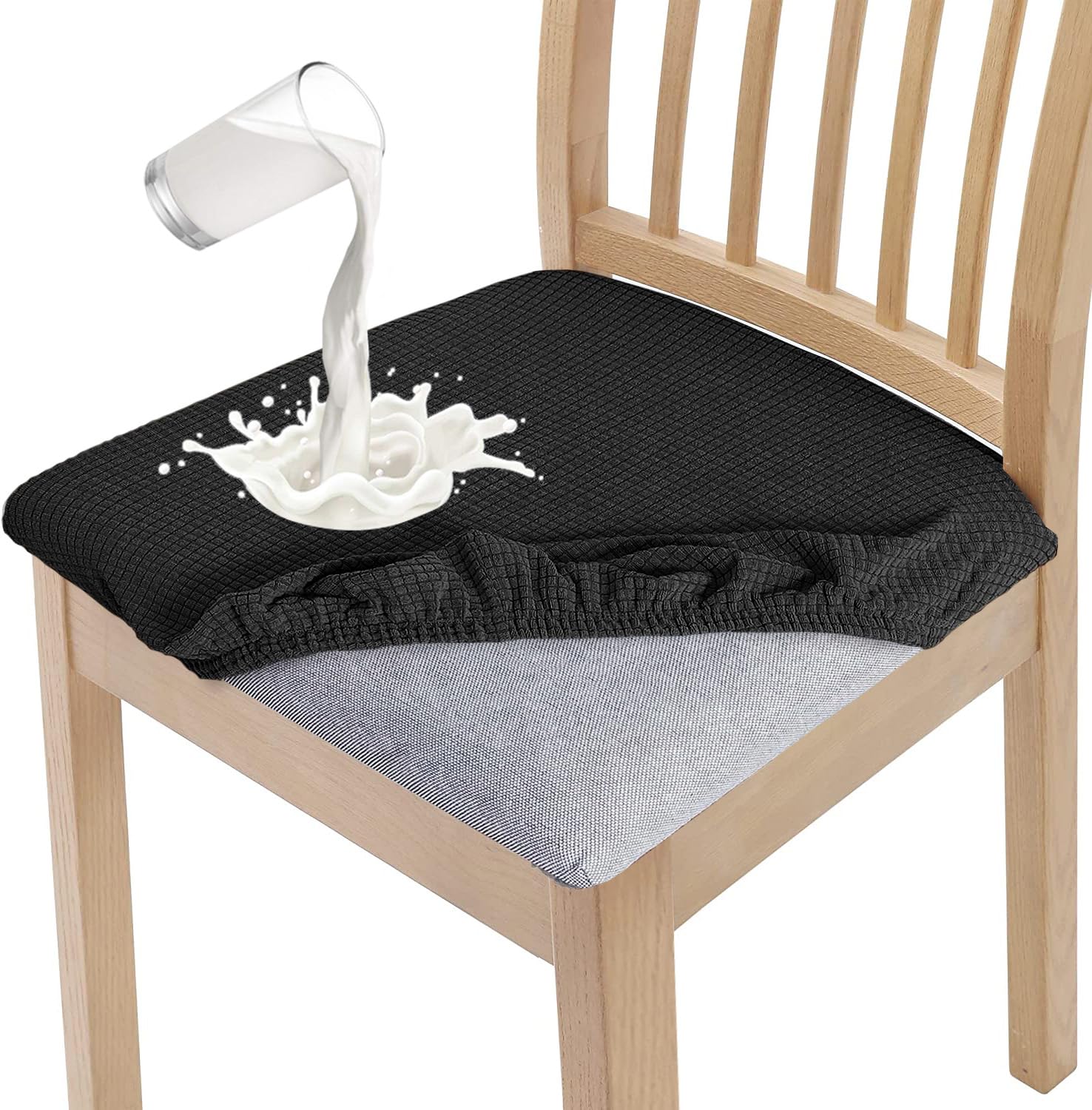 Granbest Stylish Waterproof Dining Chair Seat Covers Set of 6, High Stretch Dining Chair Seat Cushion Slipcovers Washable Seat Protector for Banquet, Kitchen, Party, Hotel (Black, Set of 6)