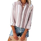 Linen Shirts for Women Button Down Shirts Long Sleeve Collared Blouses Striped Casual Work Tops Cowgirl Western Outfits - Pink White Striped L
