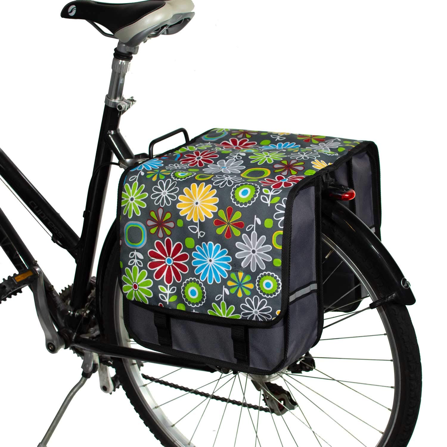 BikyBag Classic CL – 26L Double Pannier Bags with Long Lid & Hidden Buckles, Durable, Easy-Clean, Reflective Cycling Bags (Grey Daisy)