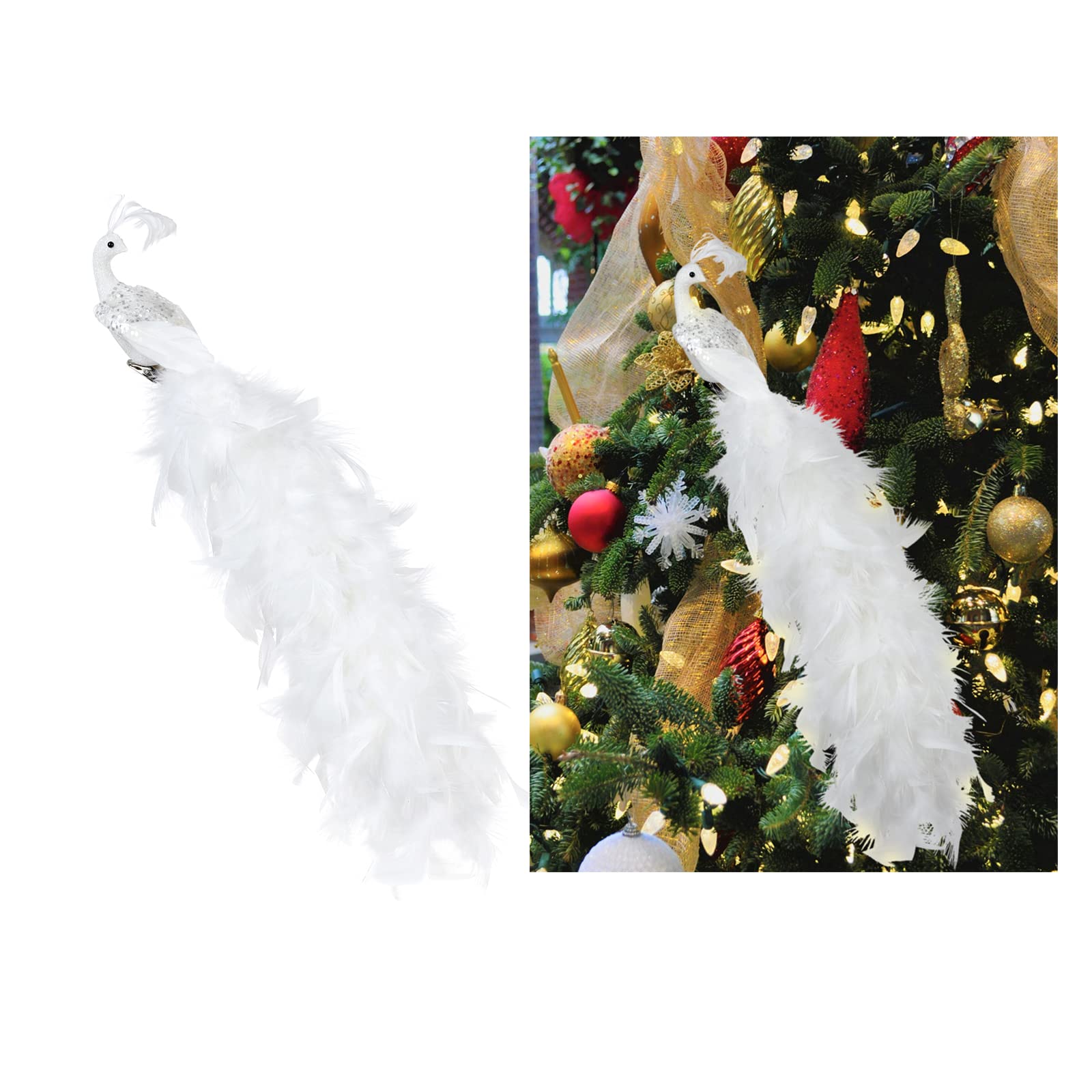 Ercheng 2 Pcs Peacock Christmas Ornaments, 17.5 Inch Glittered Bird Clip-On Artificial Peacock Natural 3D Peacock Feather Decorations for Christmas Tree