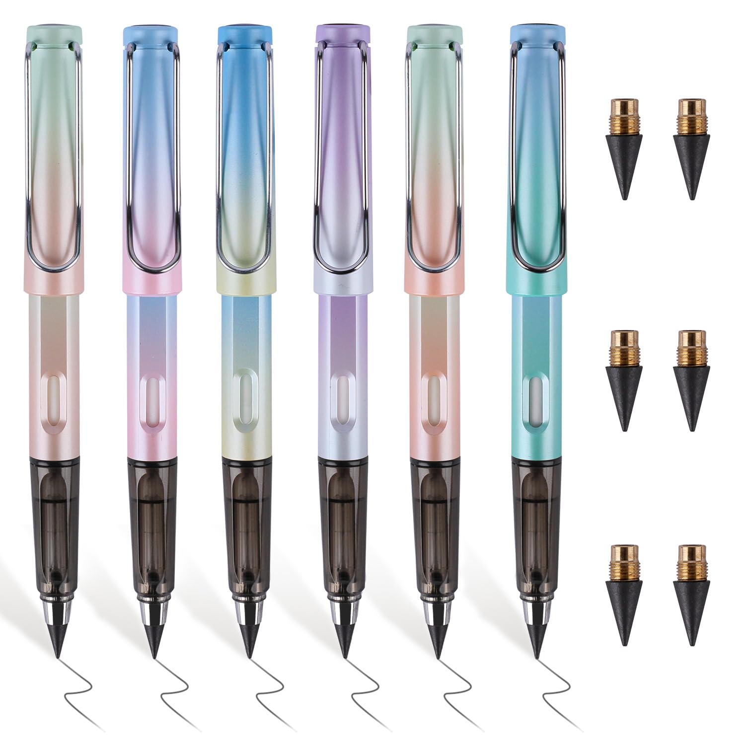 RNHDLY Eternal Pencil Pack, Inkless Pencils with Eraser, Interchangeable with 6 Refills, Colour Gradient
