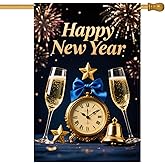 HOMETITUTE Happy New Year House Flag 28x40 Inch Double Sided Garden Flag Blue and Gold Champagne Clock and Fireworks Design Winter Holiday Yard Banner Large Outdoor Flag for Porch Lawn Home Decoration