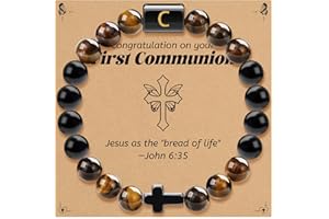 GIFT4U First Communion Gifts for Boys- Initial Cross Bracelet A-Z Black Natural Stone Bracelet,Confirmation Gifts for Teenage Boys,First Communion Decorations,First Communion Gifts for Boys Catholic