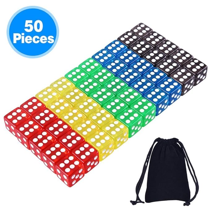 AUSTOR 50 Stück Spiele Würfel Set (Freier Beutel), 5 Transluzente Farben für Tenzi, Farkle, Yahtzee, Bunco Brettspiele, or Ma