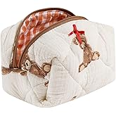 Cute Small Floral Cotton Makeup Bag, Quilted Zipper Pouch with Coquette Bear for Women and Girls, Kawaii Travel Cosmetic Bags for Purse(01Little Bear)