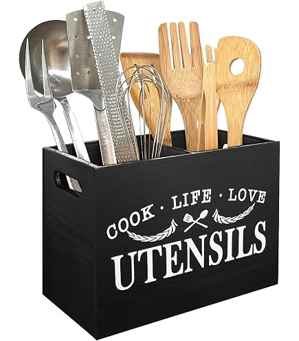 Porte-ustensiles De Cuisine En Bois - 3 Compartiments, Style Ferme Rustique - Pour Comptoir (noir) - 8