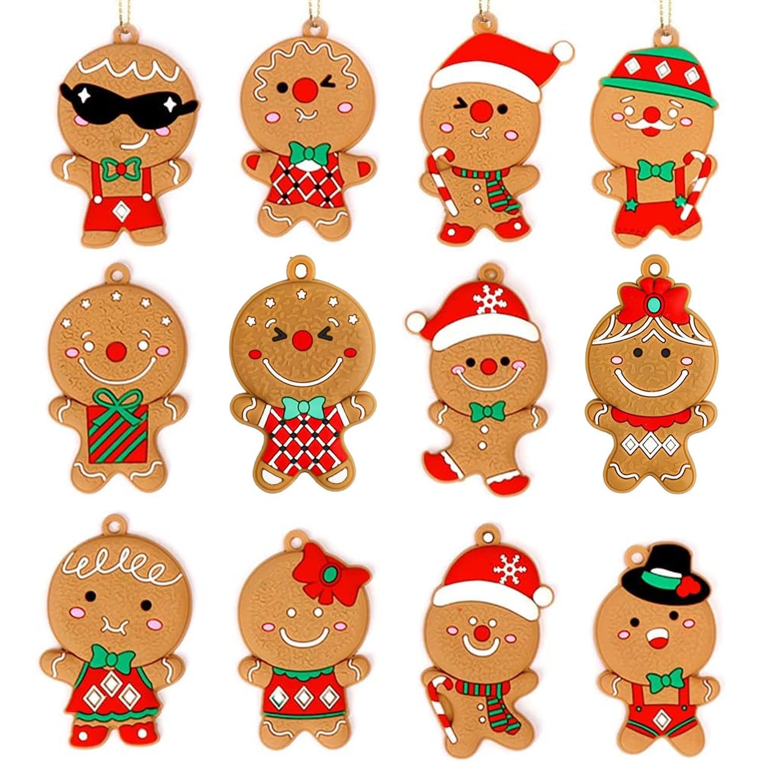12PCS Easter Christmas Gingerbread Ornaments, Gingerbread Tree Decorations Ginger Man Clay Figurine with Strings Hanging Ornaments for Xmas Tree Holiday Party Festive Season