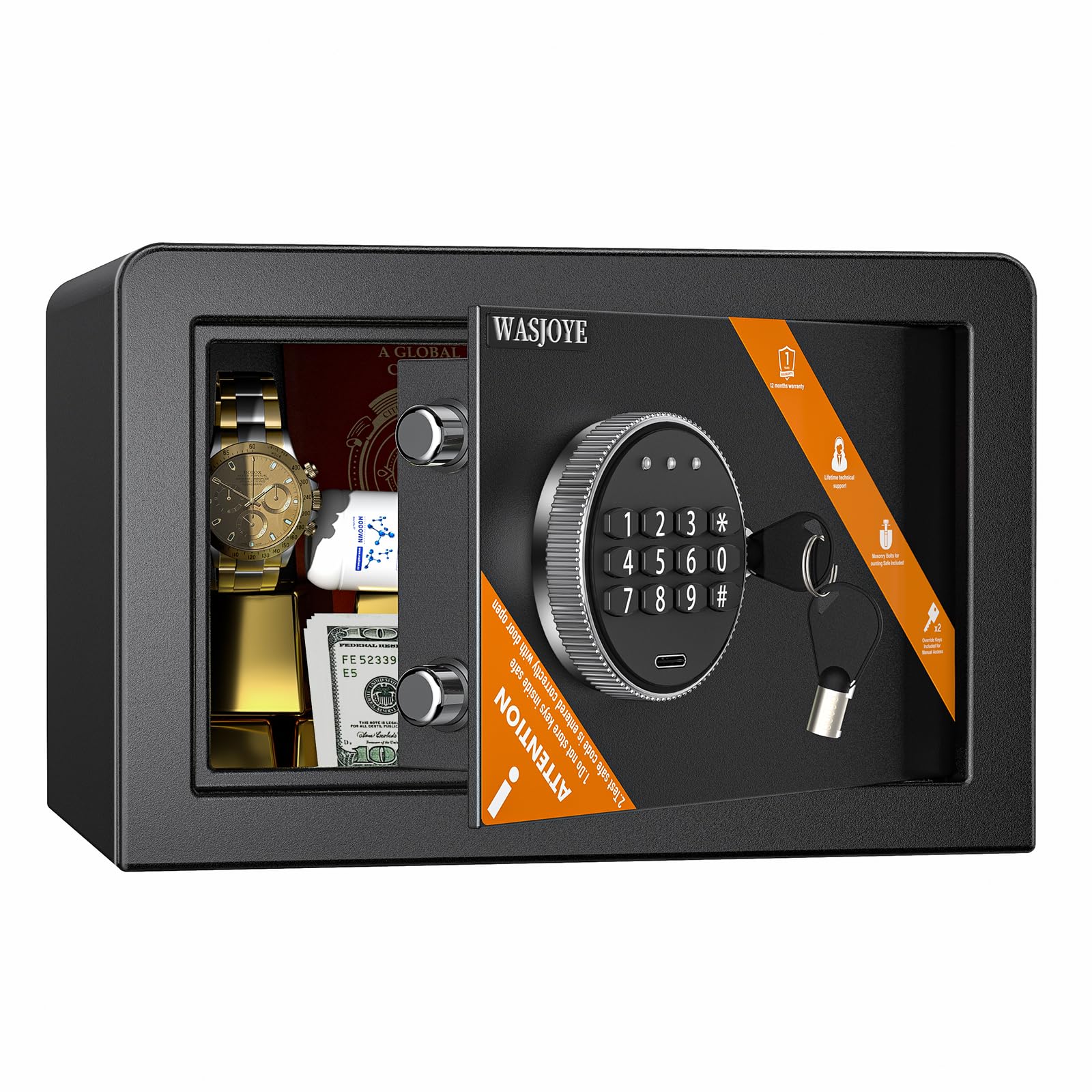 WASJOYE Security Safe box Digital Deposit Box for Home, Small Hidden Safes with Keys, Lock Box for Home Business Office Money Gun Jewelry Passport, 10L