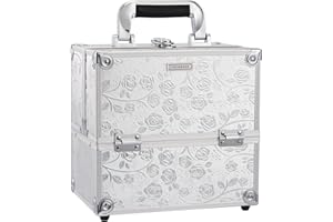 FRENESSA Makeup Train Case Portable Cosmetic Box Organizer 4 Trays Aluminum Makeup Case Storage with Divider Lockable for Makeup Artist, Crafter, Makeup Tools Elagant Silver Rose
