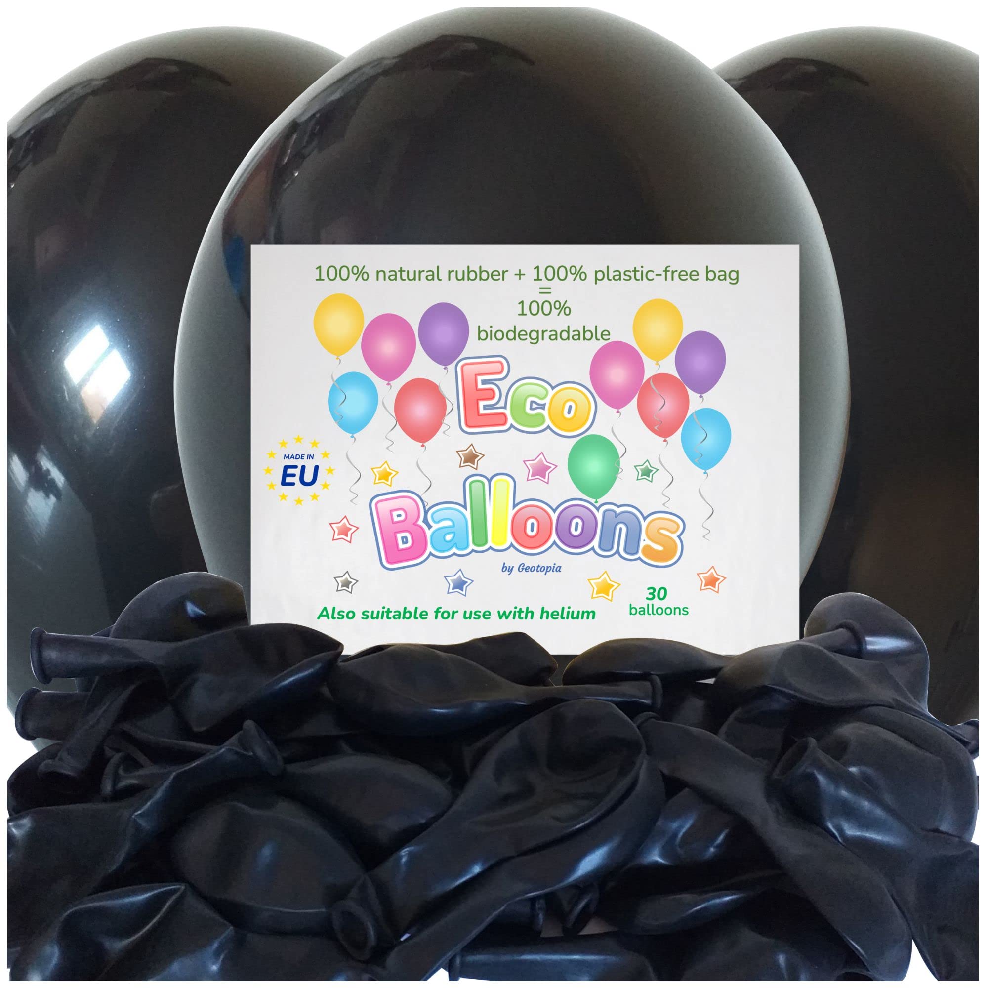 Large Biodegradable Party Balloons Pack Suitable for Helium - 12" Black Balloons - Eco-friendly Balloons Made of 100% Natural Rubber and Packed in Biodegradable Packaging (Pack of 30)