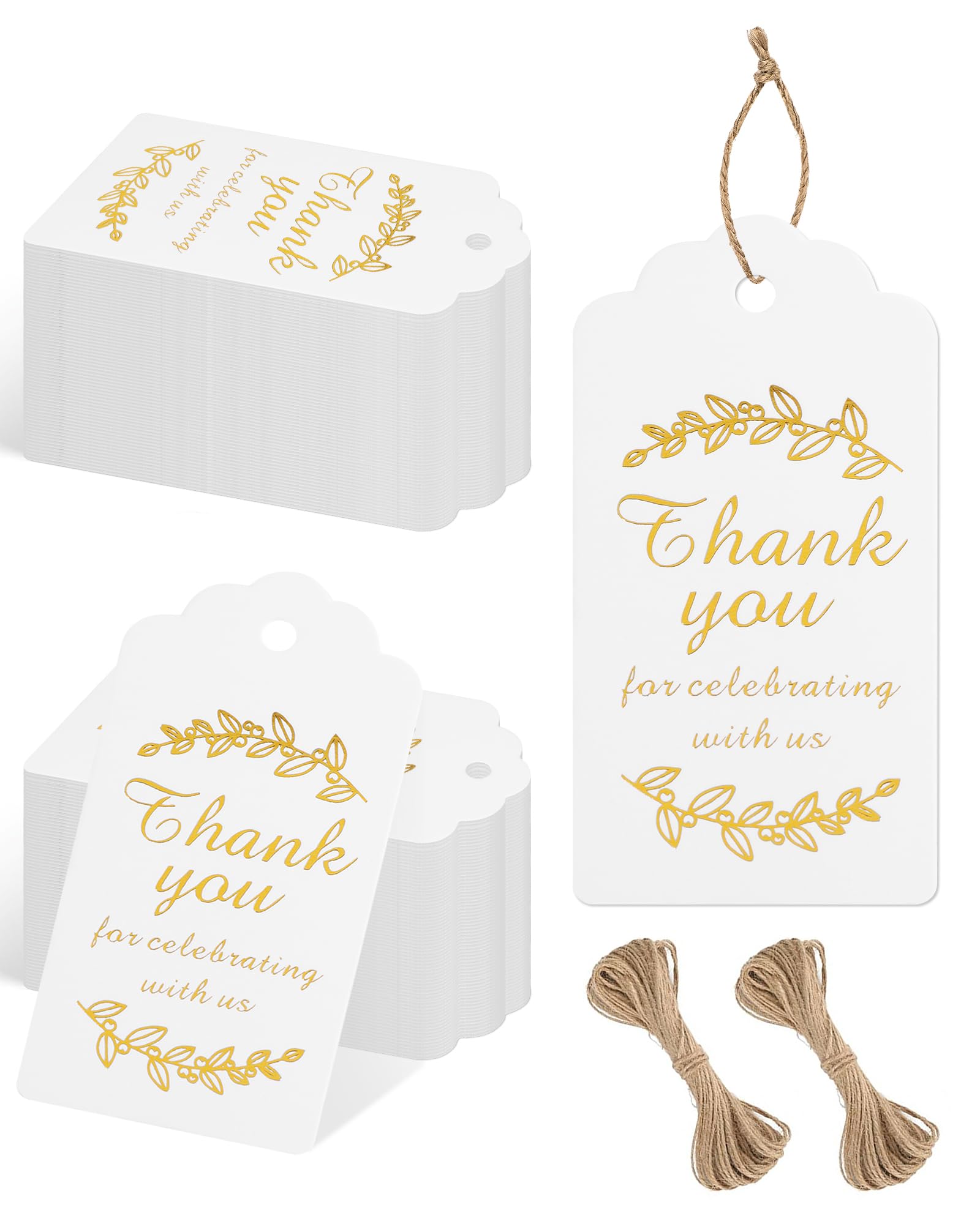 Photo 1 of 100pcs Thank You Gift Tags with String,White Thank You for Celebrating with Us Paper Tags,1.77 x 3.74 Inches Hanging Label for Wedding, Birthday, Bridal Shower,Party Gift Wrapping.