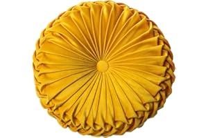 HLOVME Round Velvet Pillow for Couch Small Handmade Decorative Throw Pillow for Bed Bedroom 13.7” Yellow