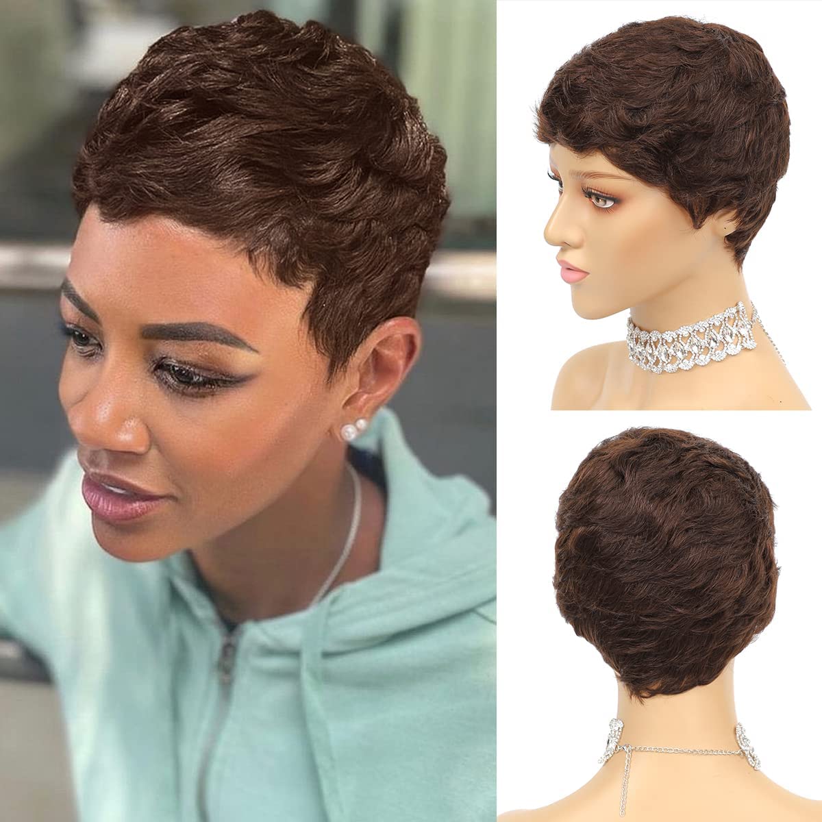 Fereowth Short Human Hair Wigs for Women Chocolate Brown Pixie Cut Wigs Short Straight Boy Cut Ladies Wigs Dark Brown 4# Color