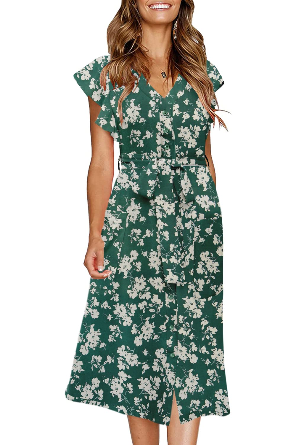 Photo 1 of ***(MINOR DAMAGE SEE NOTES)***MITILLY Women's Boho Floral Print Flutter Short Sleeve V Neck Button Down Swing Midi Dress with Pockets Small Green