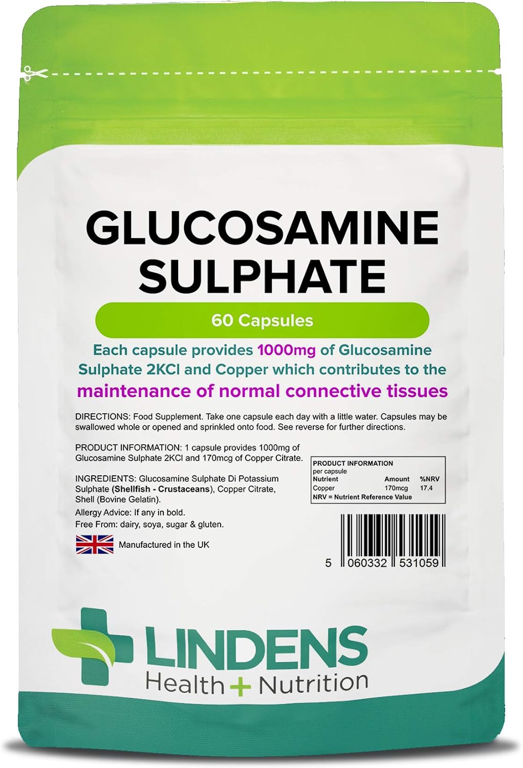 Lindens, Glucosamine Sulphate 1000mg, 60 Capsules, UK Made, Joint Care, 1 a Day, Joint Care Supplements, Joint Health