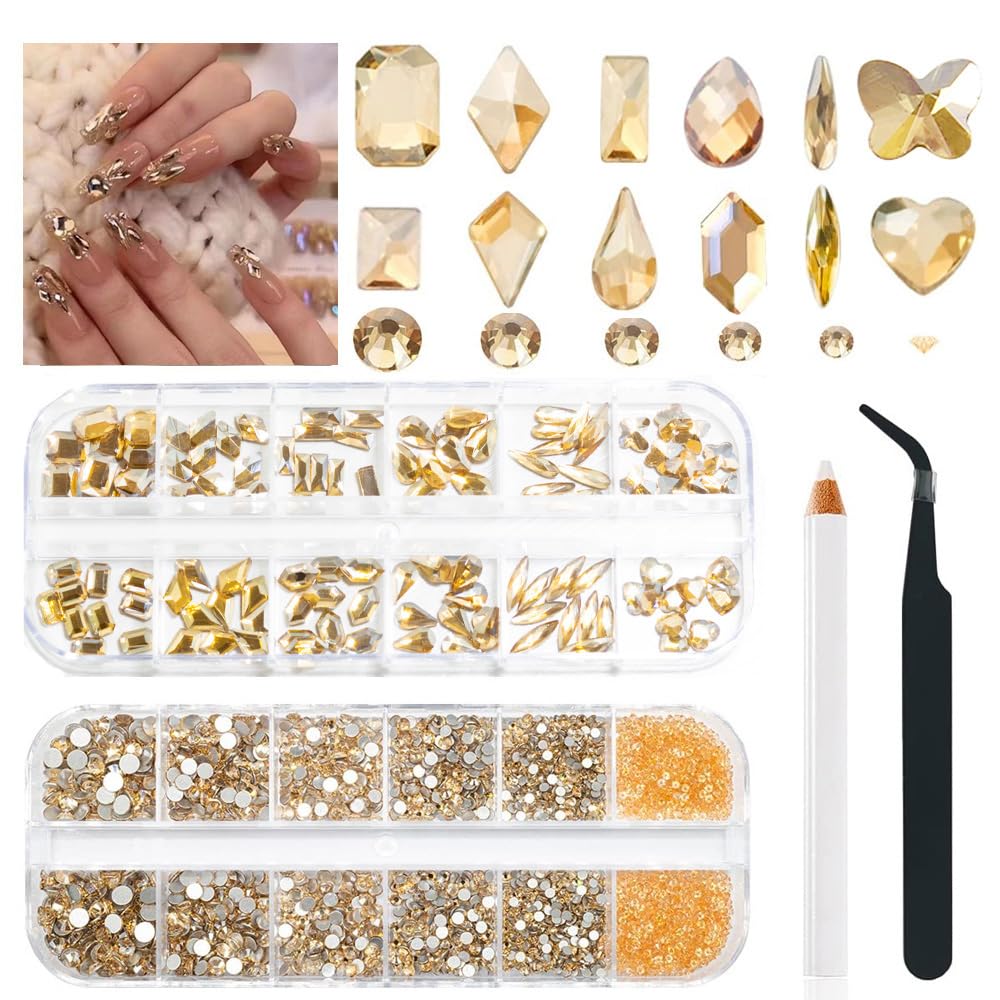 Photo 1 of 2680Pcs Champagne Gold Nails Rhinestones, 120Pcs Big Golden Nail Charms, Diamond Gems Stones with K9 Bling Flatback Round Beads, Clear Glass Crystal Jewelry for Nails Faces Eyes Makeup Decoration