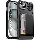 Vihibii for iPhone 15 Plus/iPhone 14 Plus Case with Card Holder (4 Cards) [RFID Blocking] & Slide Camera Cover, Military Grade Drop Protection, Rugged Hard Back & Silicone Edge Wallet Case, Black