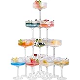 VasoArte 20Pcs Acrylic Martini Glasses, 10oz Shatterproof Plastic Champagne Tower, Unbreakable Ribbed Coupe Glasses, Art Deco Stem Cocktail Glassware Set, Manhattan Goblet for Wedding Birthday Party