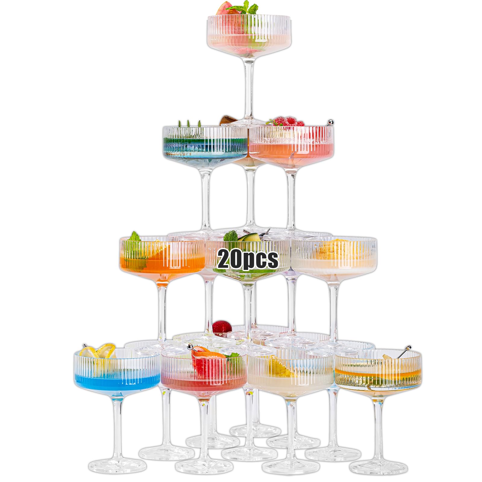 Photo 1 of VasoArte 20Pcs Acrylic Martini Glasses, 10oz Shatterproof Plastic Champagne Tower, Unbreakable Ribbed Coupe Glasses, Art Deco Stem Cocktail Glassware Set, Manhattan Goblet for Wedding Birthday Party