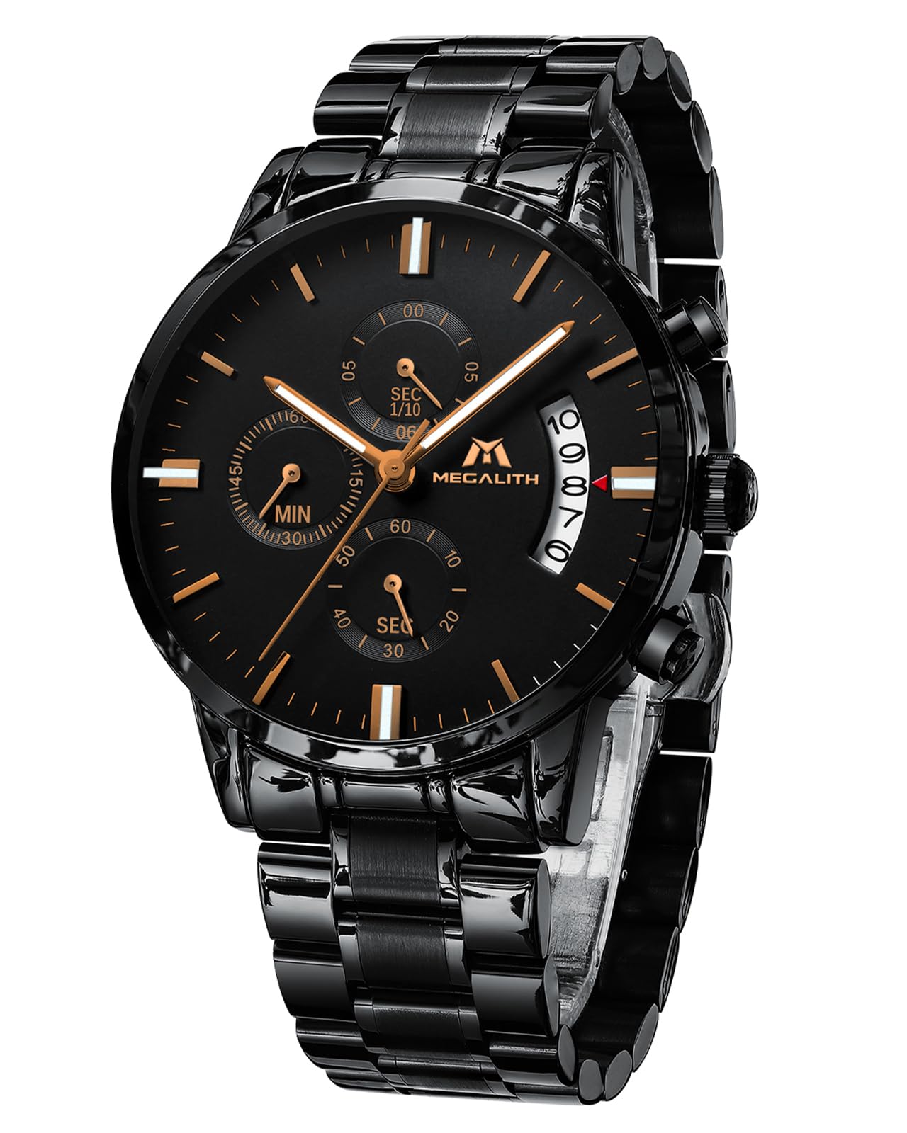 MEGALITH Military Watches for Men Chronograph: Black Stainless Steel Large Face Wrist Watch Waterproof Quartz Date Luminous - Stylish Watch Gifts for Him Father Husband