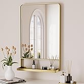 Keonjinn 18 x 28 Inch Gold Bathroom Mirror with Shelf, Metal Modern Gold Wall Mirror with Shelf, Rounded Corner Entry Mirror 