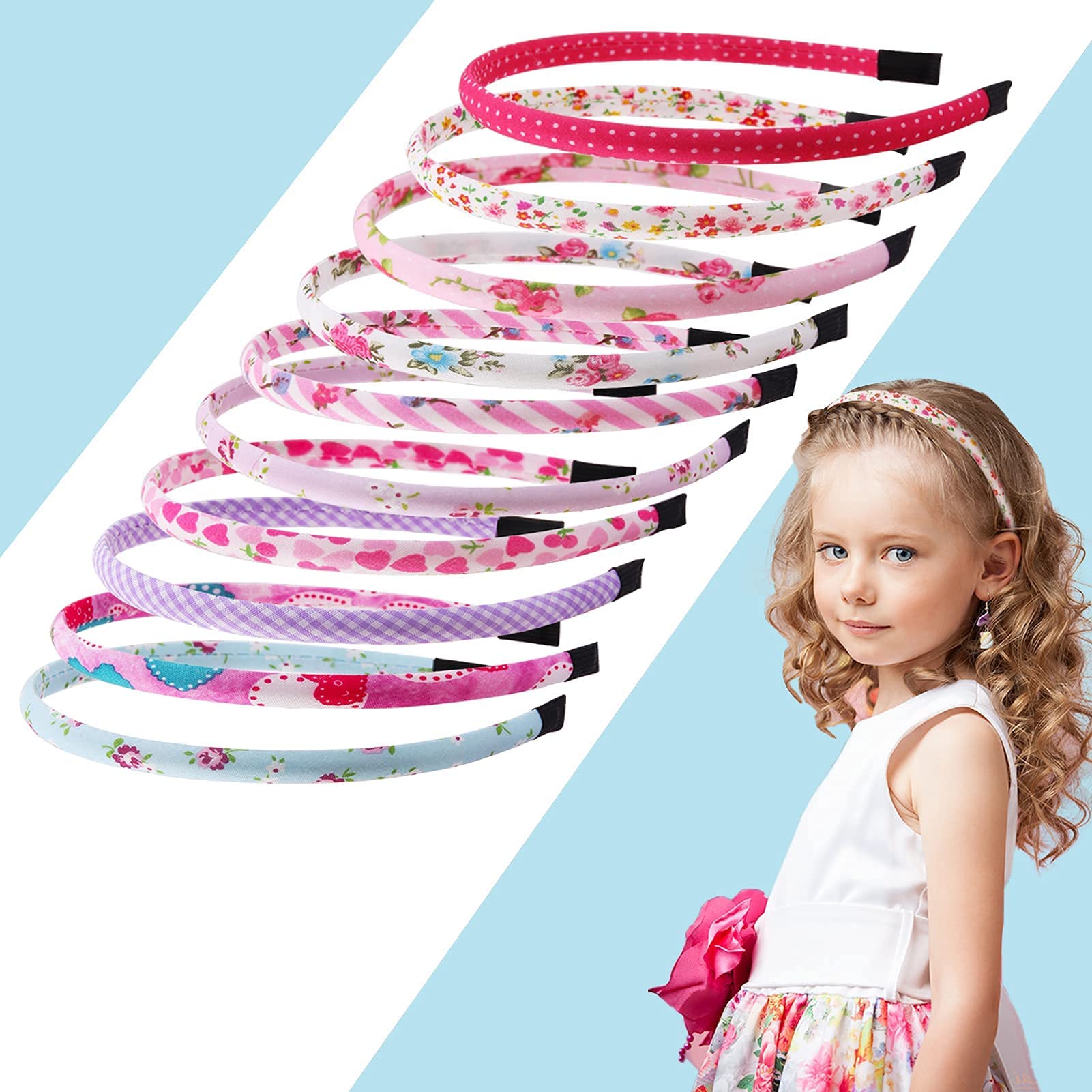 Candygirl 10 Pcs Alice Bands for Girls Kids Floral Fabric Headbands for Girls Women Flower Heart Star Covered Hairands Cute Pink Headbands Hair Accessories for Kid Children
