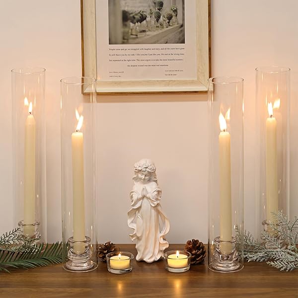 VOLENS HURRICANE GLASS CANDLE HOLDERS – SET OF 6 CANDLESTICK HOLDERS FOR TAPER CANDLES WITH WINDPROOF CYLINDER COVERS 14″ TALL CLEAR GLASS CHIMNEY COVER FOR WEDDING TABLE CENTERPIECE HOME DECOR