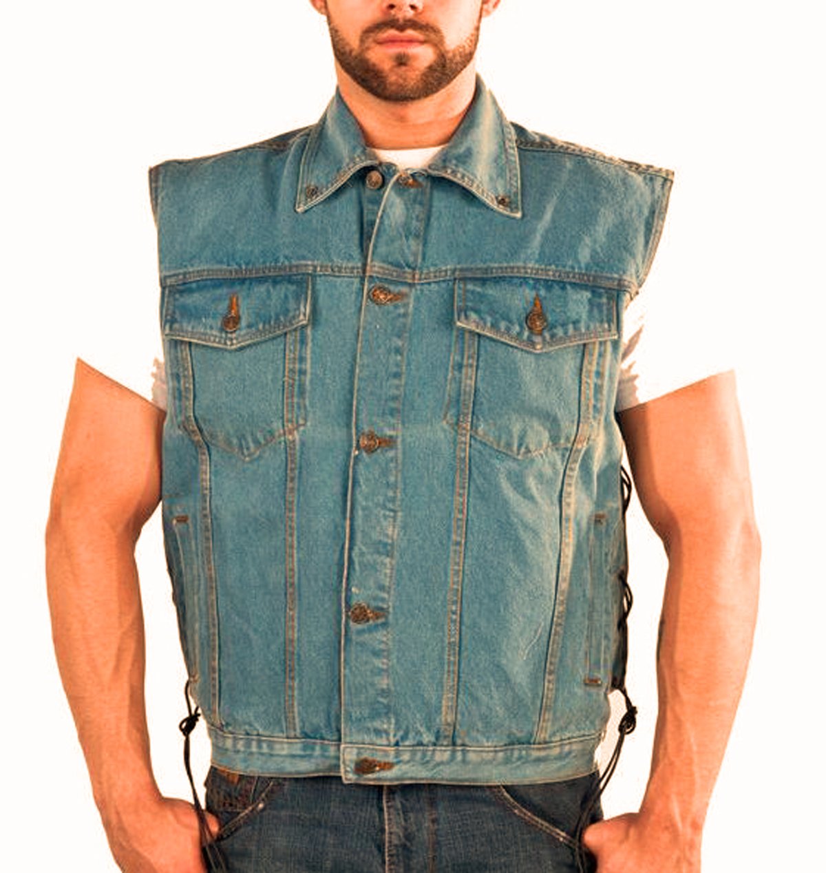 Men's Motorcycle Biker Heavy Denim Button up Vest Cotton 6 Pockets Blue - Denim Fit