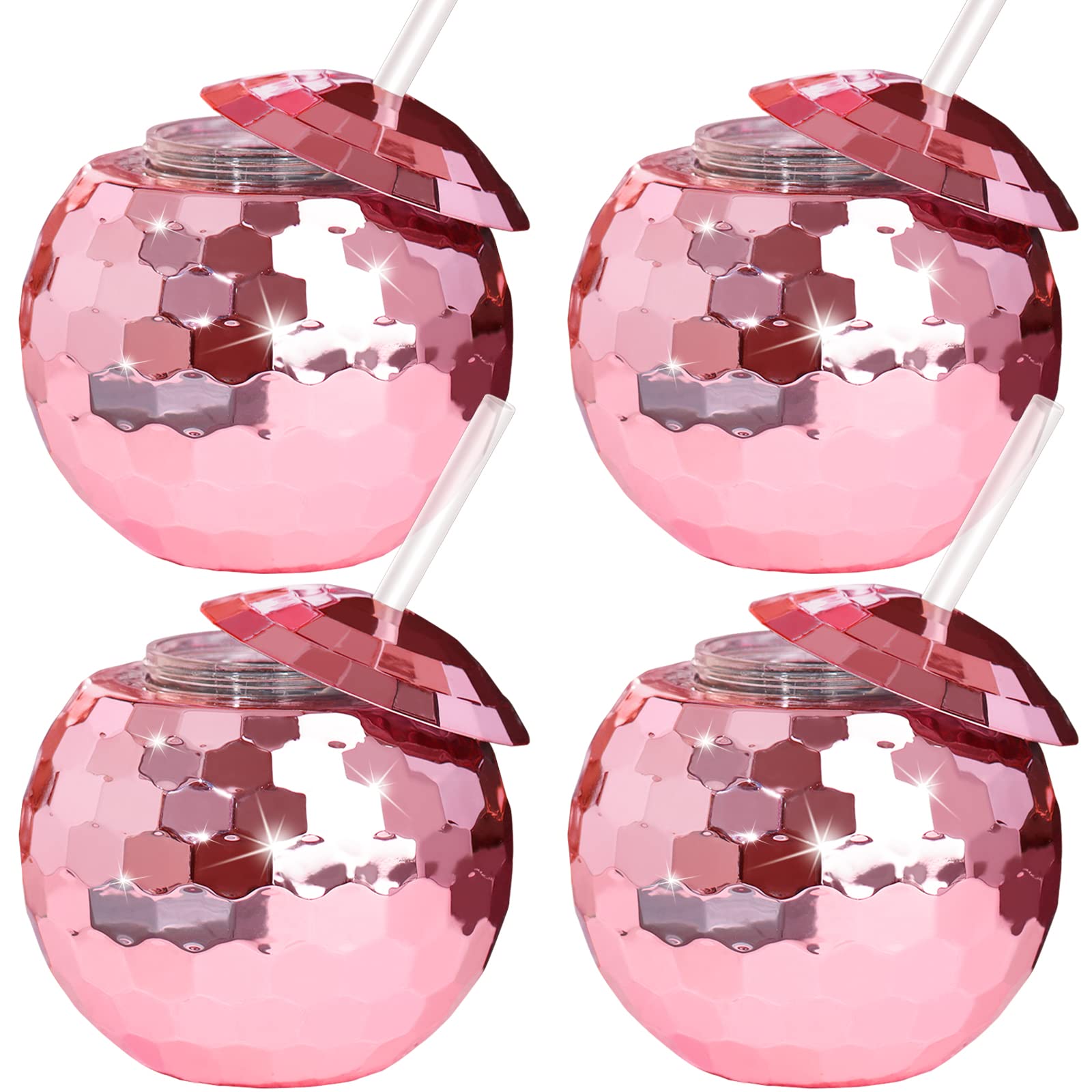 Photo 1 of Ujuuu 4 Pieces Disco Ball Cups Disco Ball Tumbler Disco Flash Ball Cocktail Cup with Lid and Straw Party Supplies Wine Cocktail Drinking Syrup Tea Bottle (Pink)