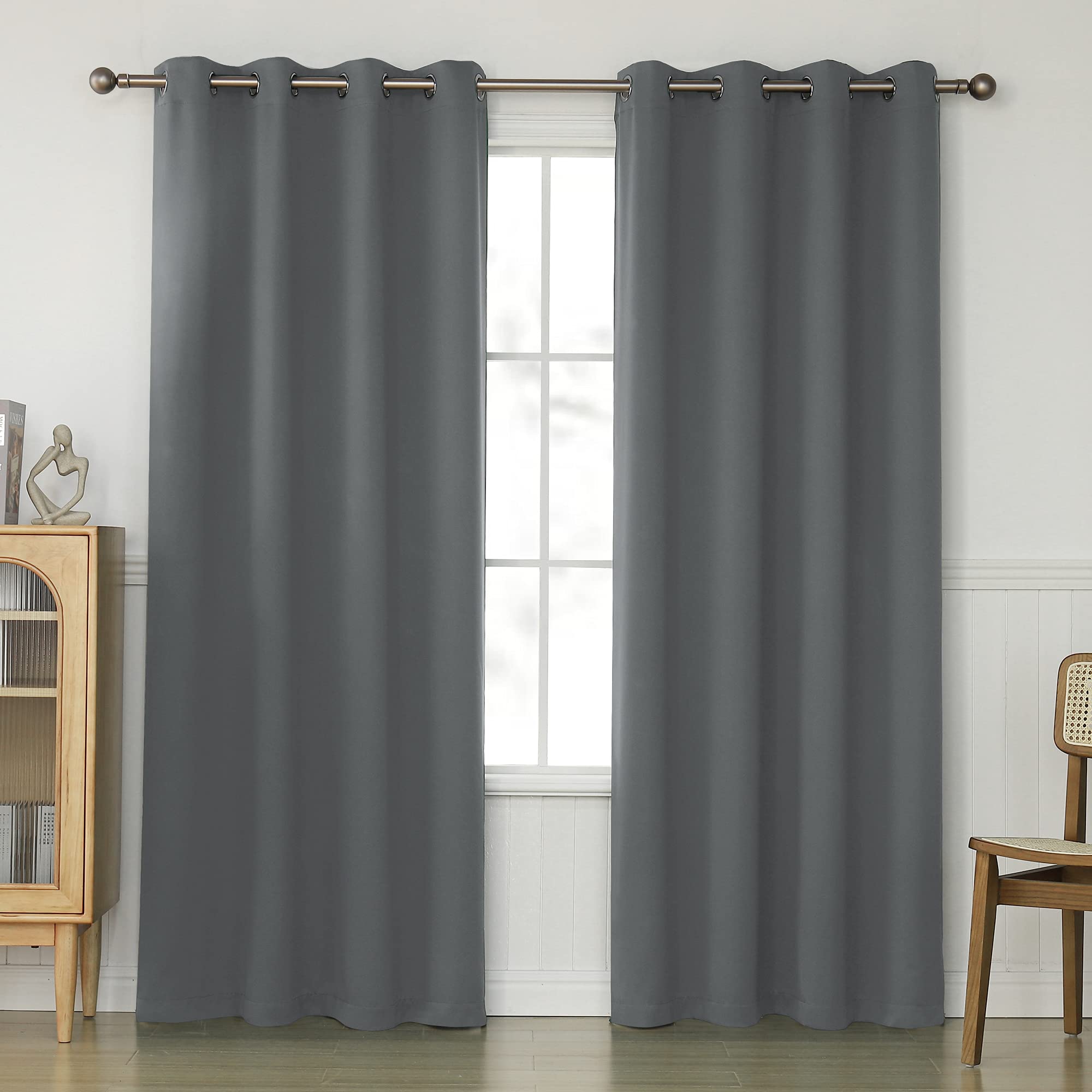 KEQIAOSUOCAI Medium Gray Blackout Curtains Drapes 84 Inches Long for Bedroom - Grommet Thermal Insulated Heat Sun Block Drapery for Living Room, 2 Panels, Grey,52x84