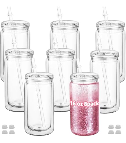 16 Oz Clear Tumblers 16-Pack 16 Oz Plastic Snow Globe Tumblers - Pre-Drilled Hole, Double Wall, Clear Mason Jar Style For DIY Crafts Bulk Clear Cups With Lids