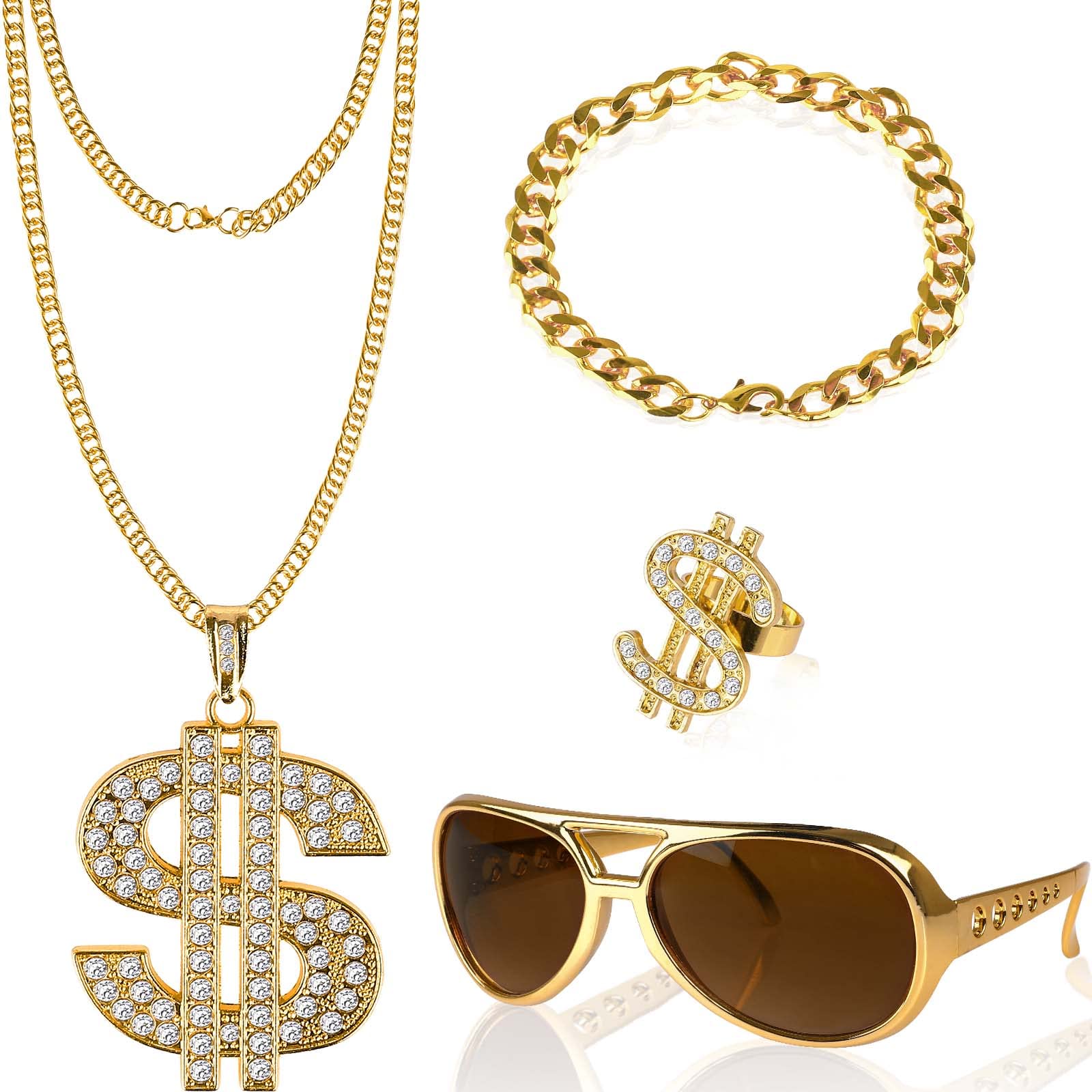 COSAVOROCK Men's Hip Hop Rapper Costume 80s 70s 90s Fancy Dress Accessories 4 Pieces Kit Gold Metal Chain Necklace Sunglasses Bracelet Rings