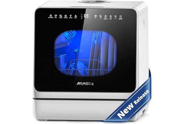 AIRMSEN Countertop Dishwasher with Built-in Water Tank & Softener | 8 Wash Programs & 3 Useful Functions, No Hookup Needed, Hot Air Drying & 72H Air Circulation, Delayed Start, Child Lock