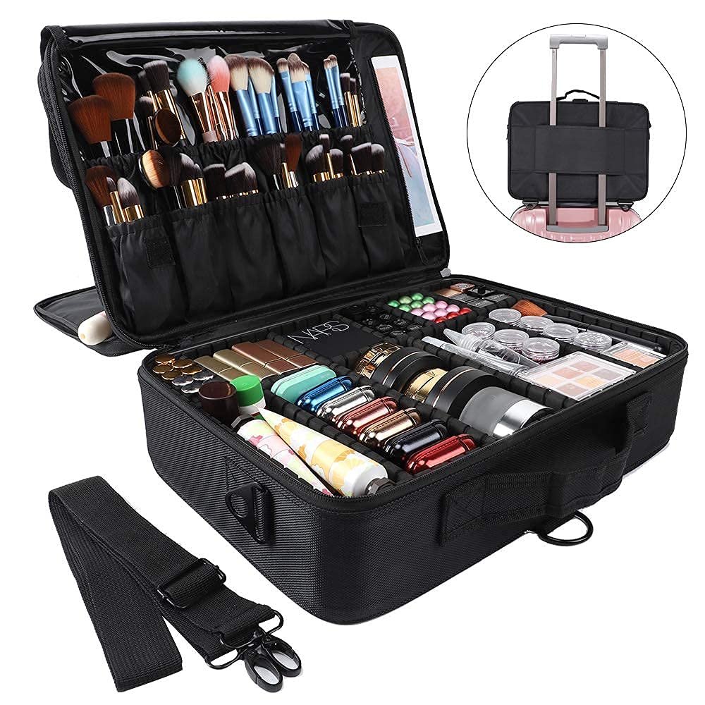 GZCZ 3 Layers Large Capacity Travel Professional Makeup Train Case Cosmetic Brush Organizer Portable Artist Storage bag 16.5 inches with Adjustable Dividers and shoulder strap for Make up Accessories : Beauty