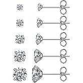 6 Pairs Stud Earrings Set, Hypoallergenic Cubic Zirconia 316L Earrings Stainless Steel CZ Earrings 3-8mm (Steel color)
