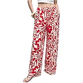 OYOANGLE Women's Wide Leg Boho Graphic Pants Tassel Drawstring Waist Trousers with Pockets