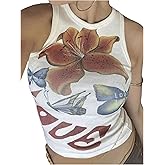 WDIRARA Women's Vintage Floral Print Slim Fit Sleeveless Crop Tank Top Crew Neck Casual Fitted Cami