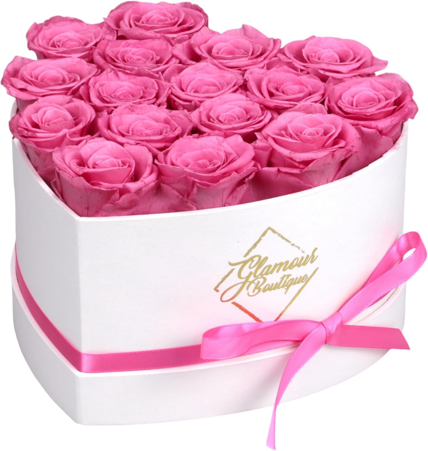 Photo 1 of GLAMOUR BOUTIQUE Preserved Roses in a Box - Gifts for Her, Wife & Mom, Rose Flowers Forever Decor for Birthday Gift, Get Well Flower Bouquet Cased in White Box with Cover - Pink - 16-Piece