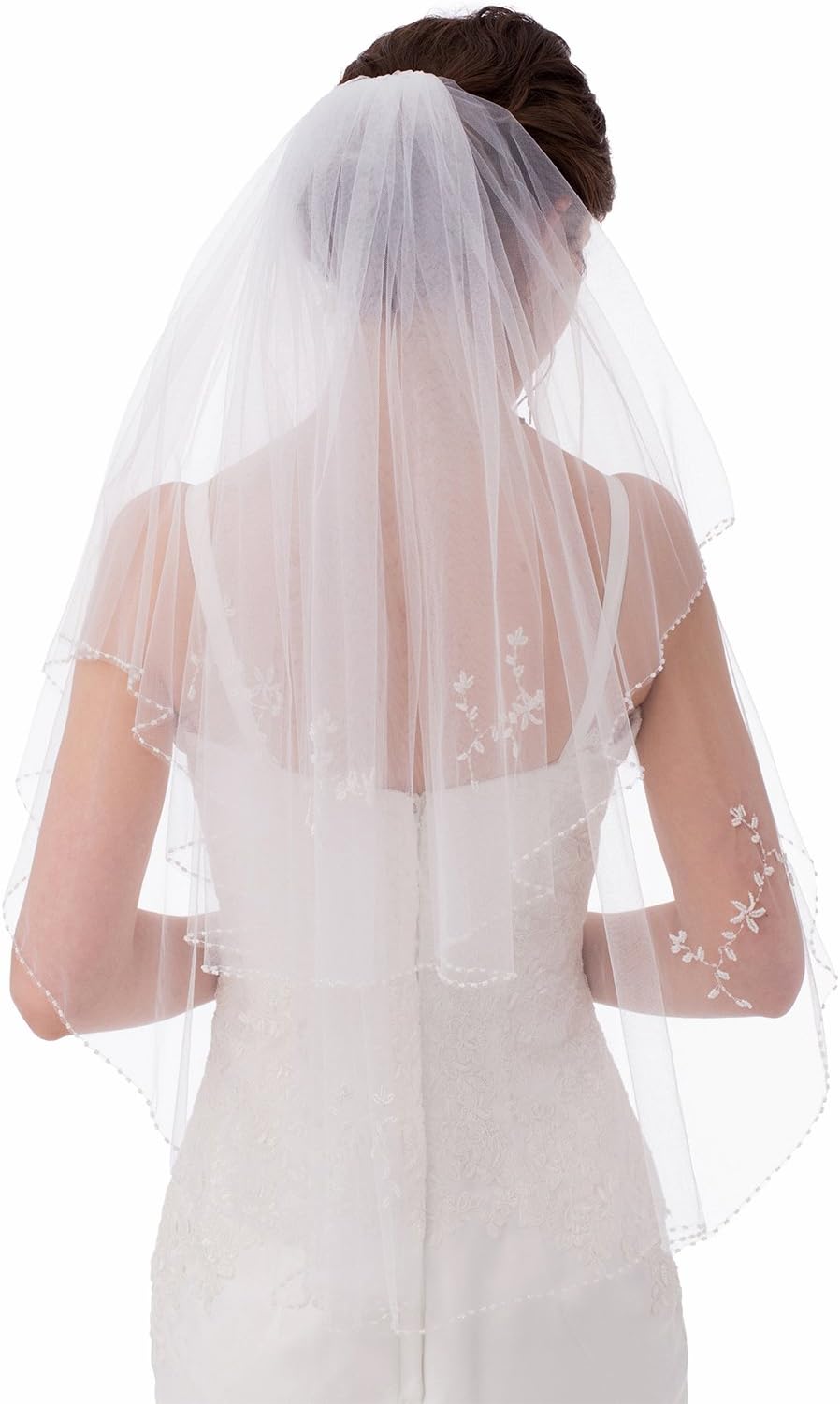 Emondora 2T Short Sequin Pearl Edge Crystals Beaded Bling Wedding Bridal Veil
