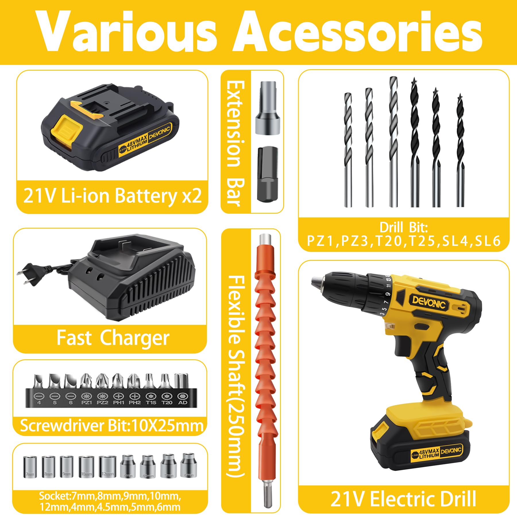 DEVONIC Cordless Drill Set,21V Electric Drill with 2 Lithium Battery and Charger,3/8