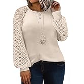 Eytino Plus Size Tops for Women Lace Long Sleeve Crew Neck Waffle Knit Business Work Dressy Shirts(1X-5X)